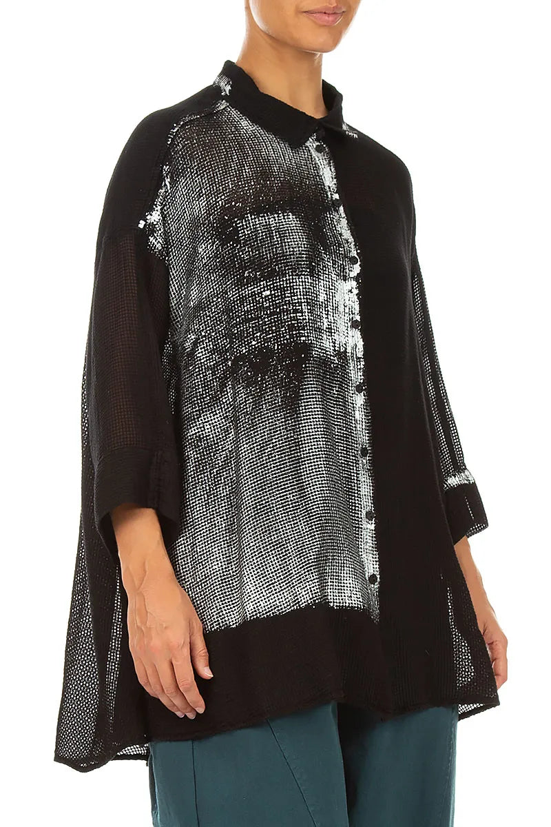 Loose Black Silver Metallic Mesh Silk Shirt 4