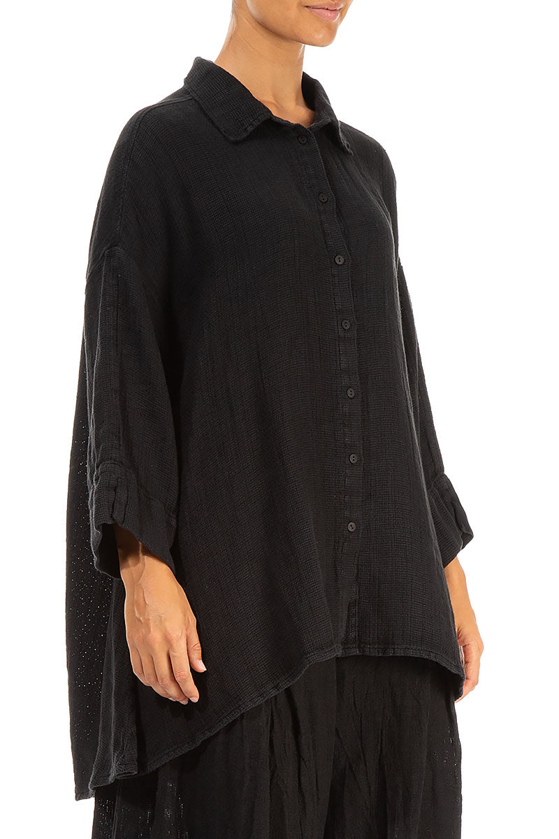 Loose Black Textured Linen Shirt 3