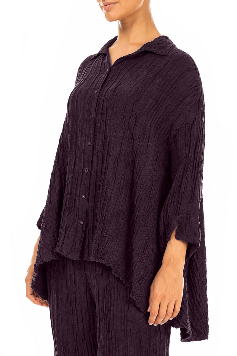 Loose Crinkled Deep Plum Silk Linen Shirt