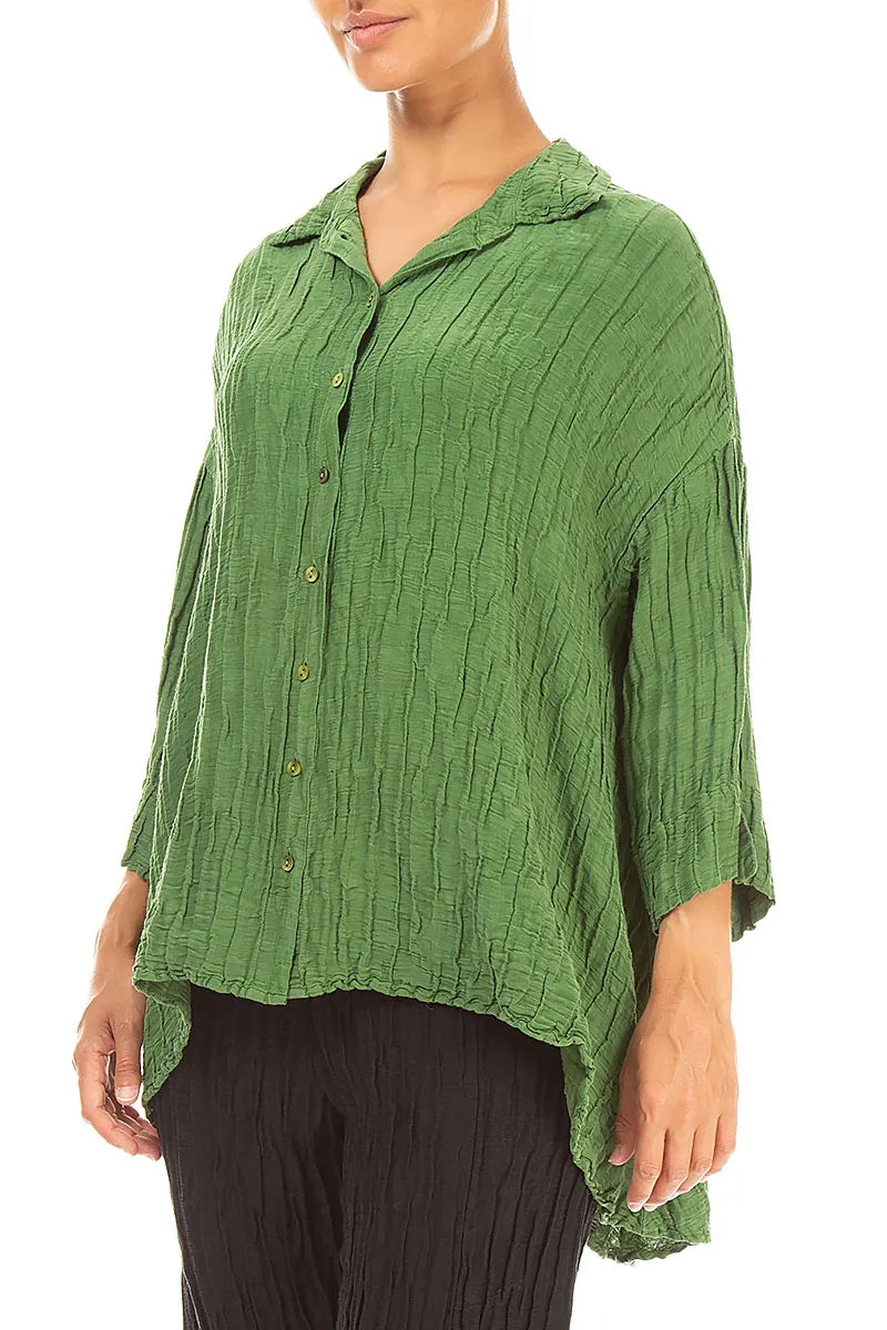 Loose Crinkled Shamrock Green Silk Linen Shirt