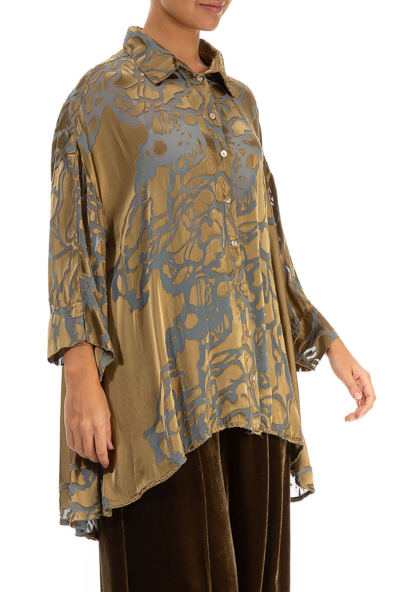 Loose Floral Golden Sage Silk Shirt 3