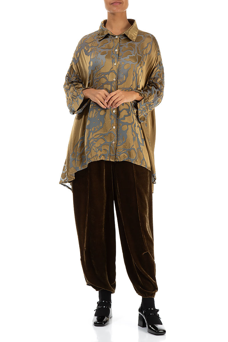 Loose Floral Golden Sage Silk Shirt 4