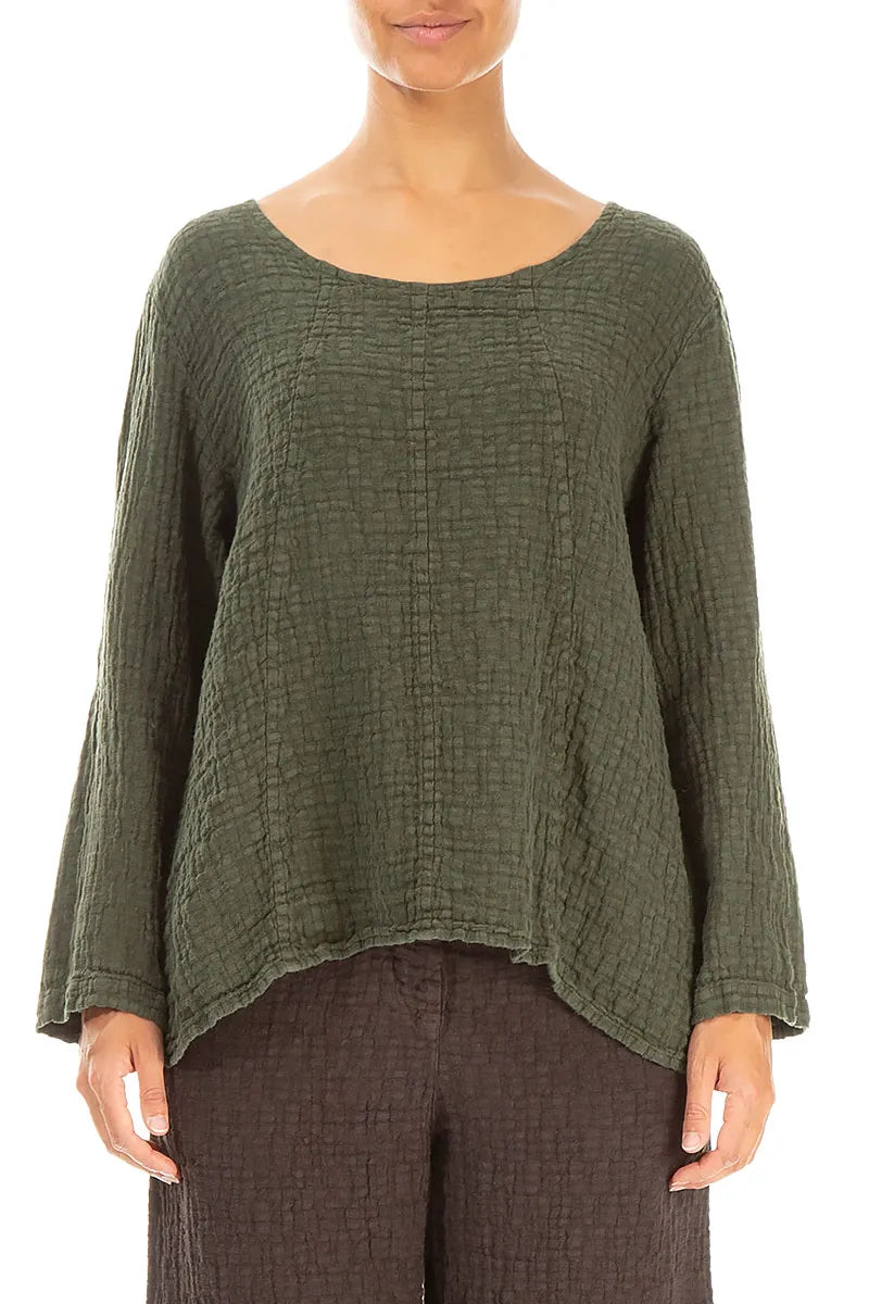 Loose Forest Mist Textured Linen Blouse 1