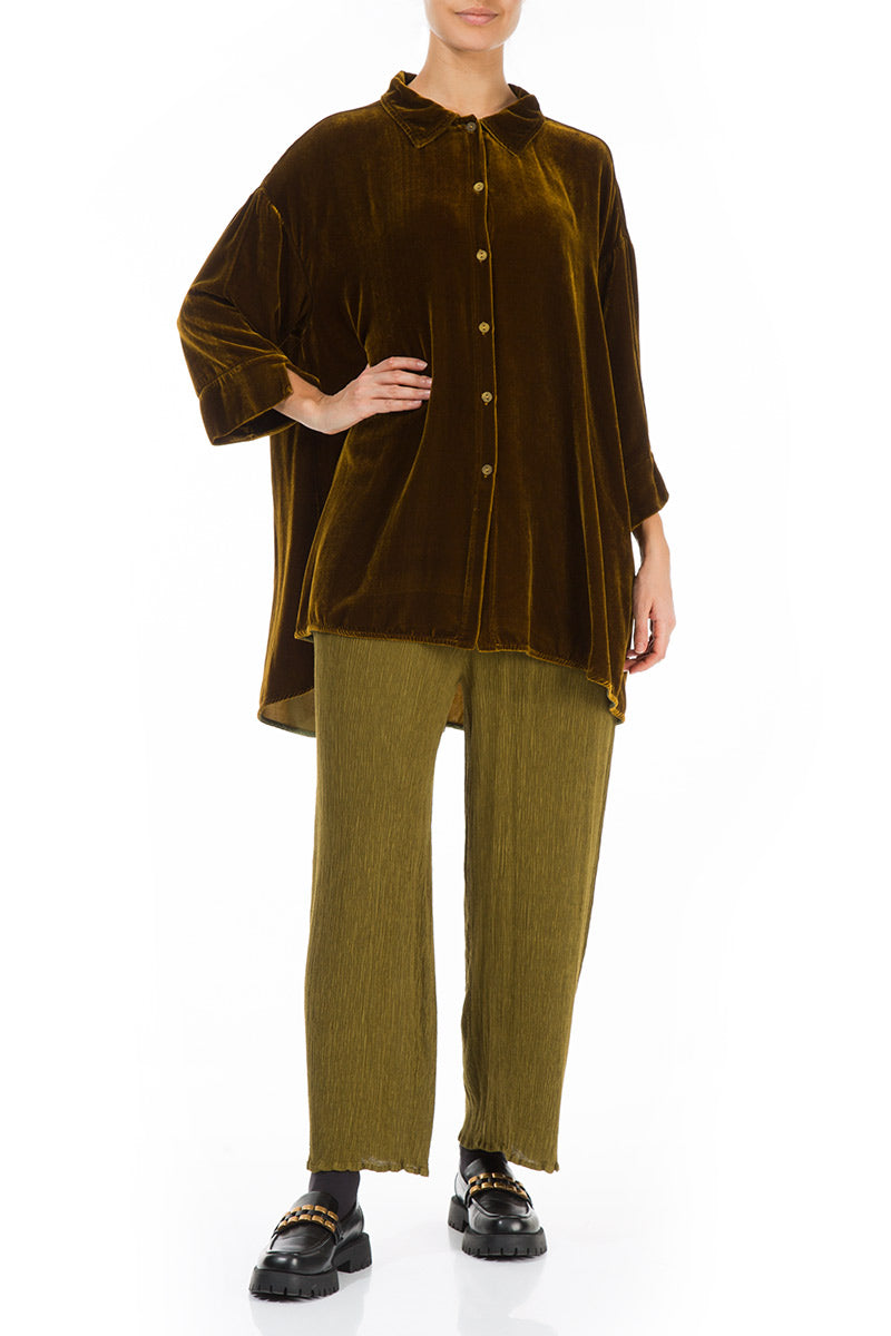 Loose Golden Olive Silk Velvet Shirt 4