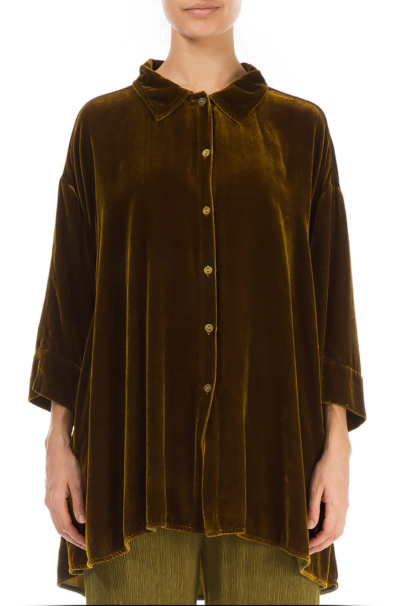 Loose Golden Olive Silk Velvet Shirt 1