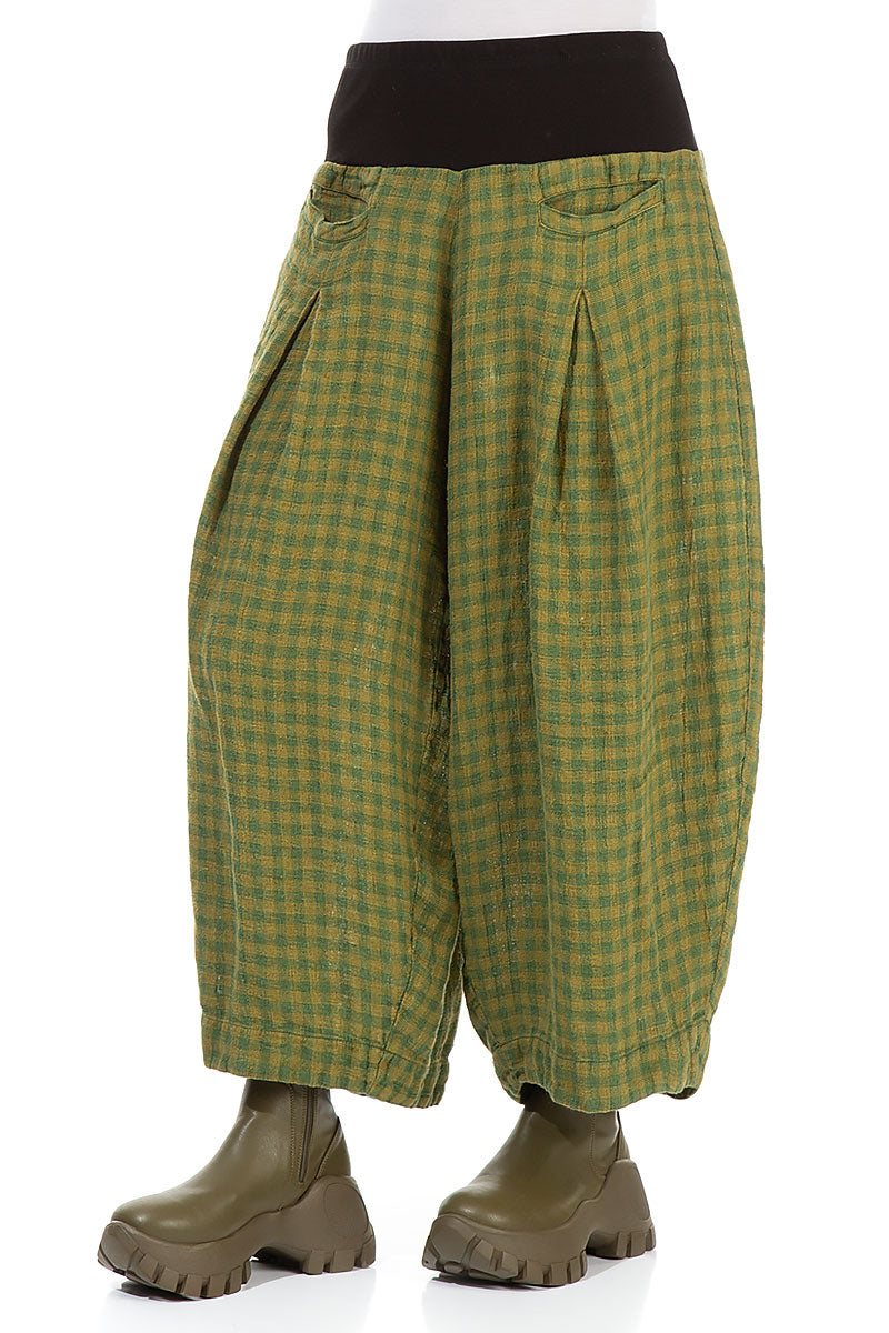 Loose Green Check Linen Trousers 3