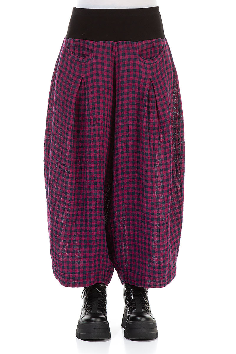 Loose Magenta Check Linen Trousers 1