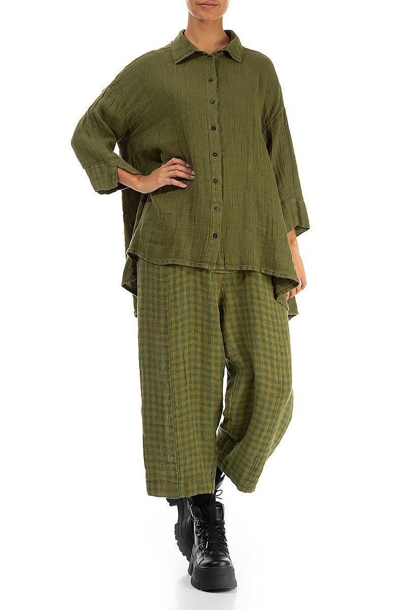 Loose Olive Textured Linen Shirt 4