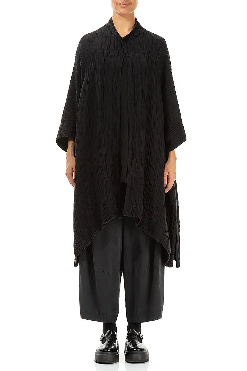 Loose Open Crinkled Black Silk Jacket