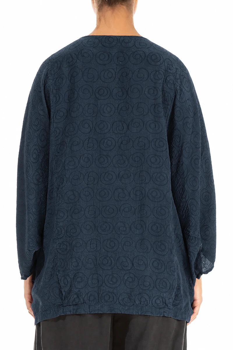 Loose Patterned Navy Silk Cotton Blouse 2