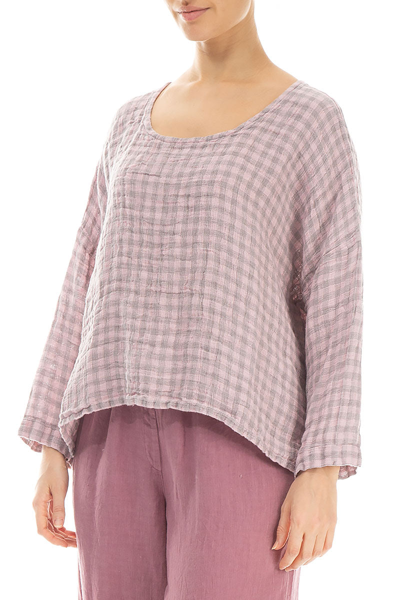 Loose Pink Check Linen Blouse 3
