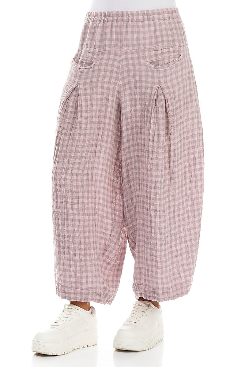 Loose Pink Check Linen Trousers 3