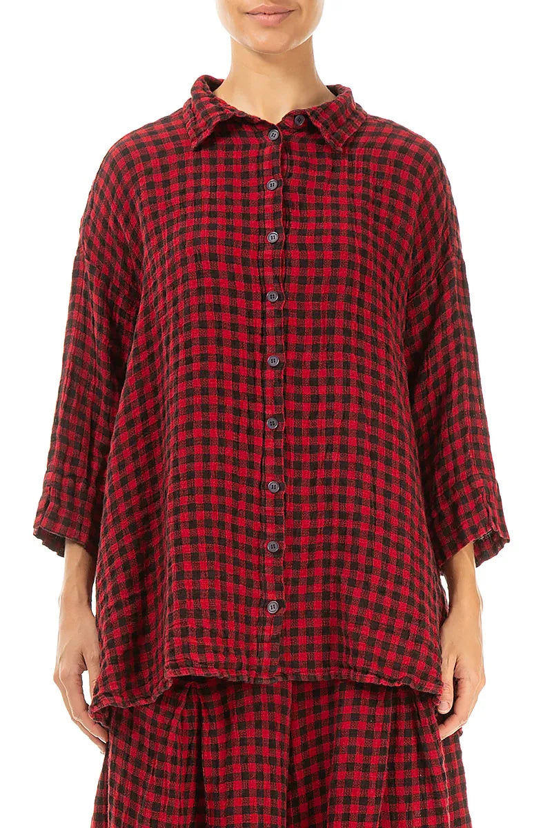 Loose Red Check Linen Shirt 2