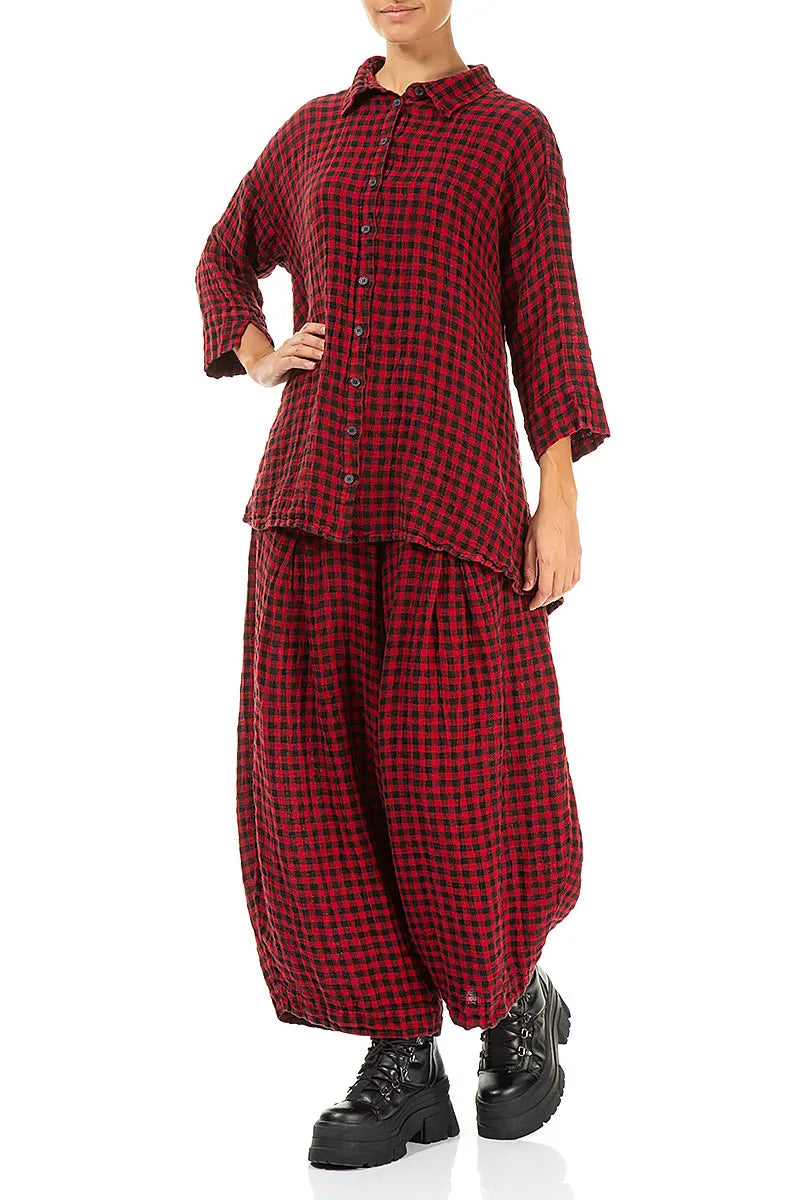 Loose Red Check Linen Shirt 5