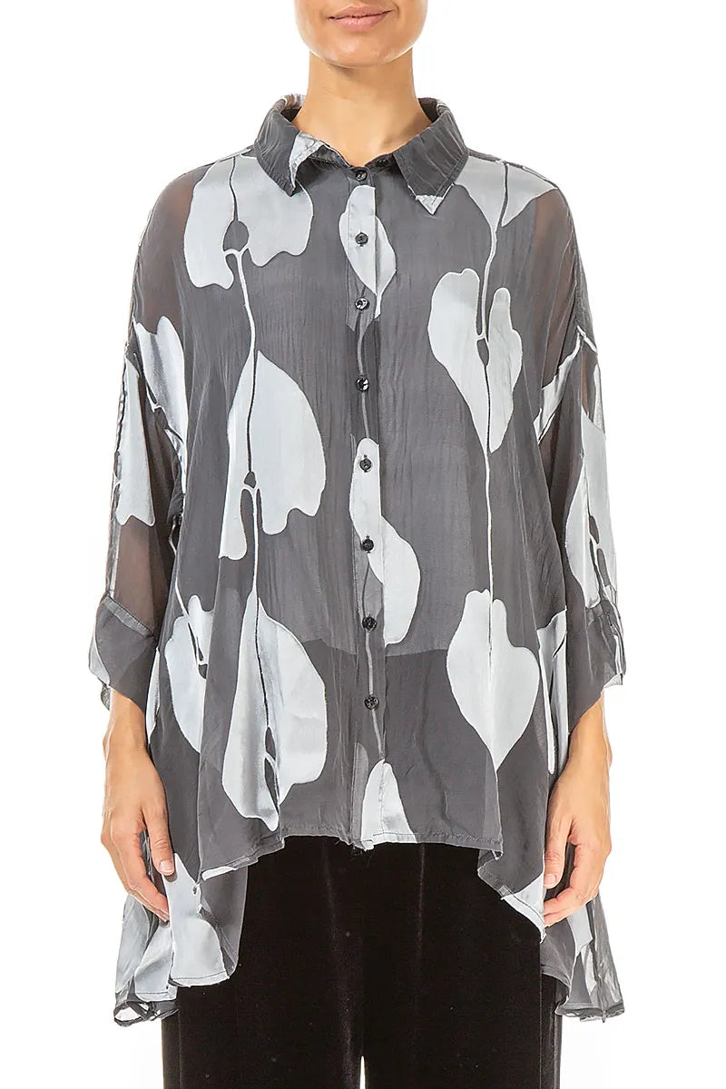Loose Silver Devoré Leaves Silk Shirt 1