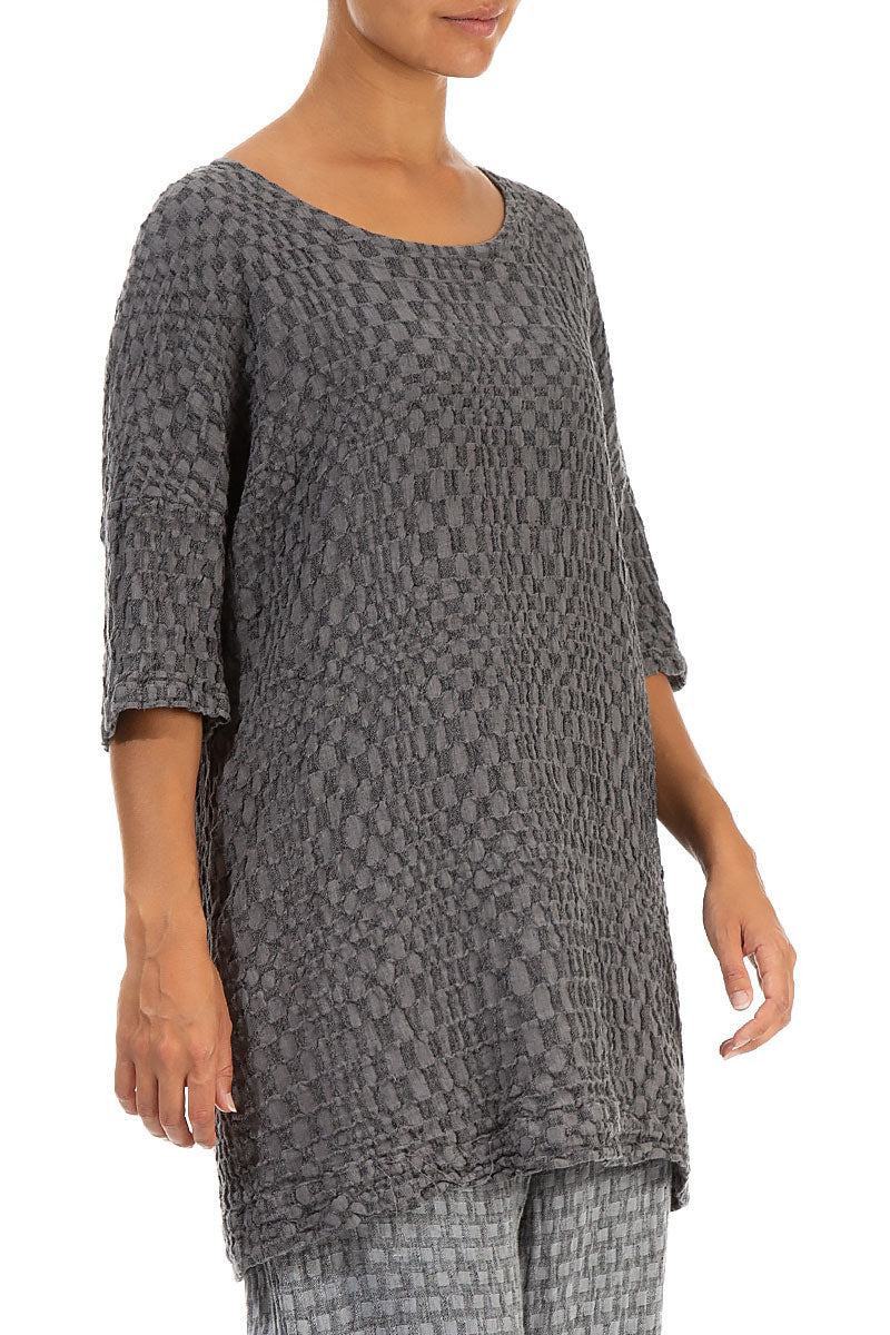 Loose Silver Wavy Check Linen Tunic 3