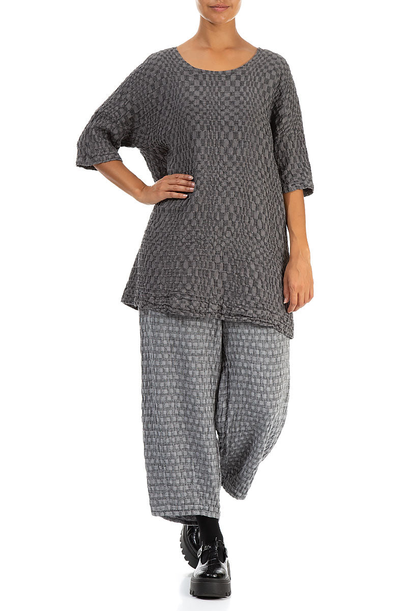 Loose Silver Wavy Check Linen Tunic 4