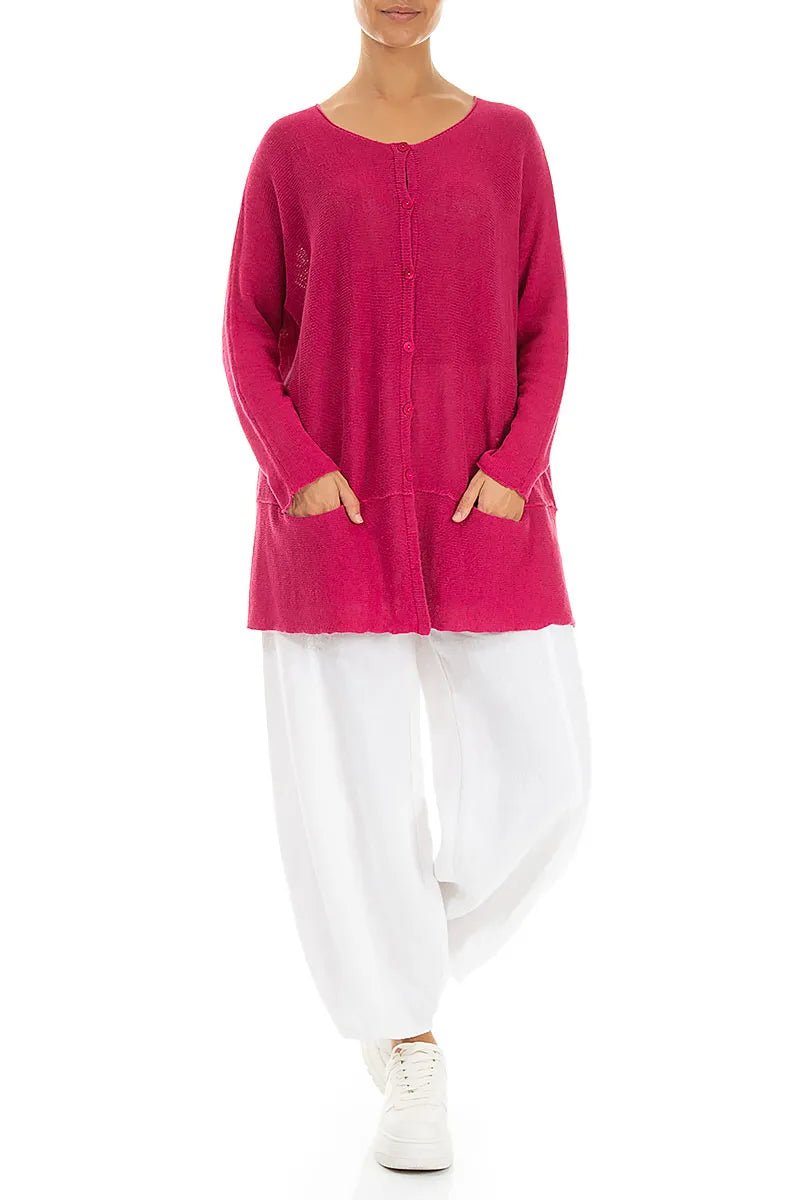 Loose Two Pockets Fuchsia Linen Cardigan