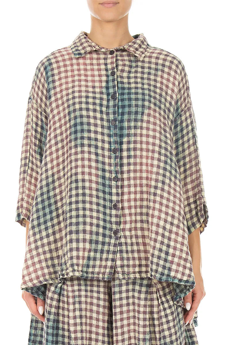 Loose Watercolour Check Linen Shirt 2