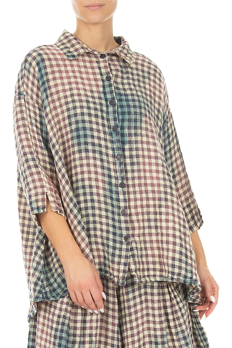 Loose Watercolour Check Linen Shirt 4