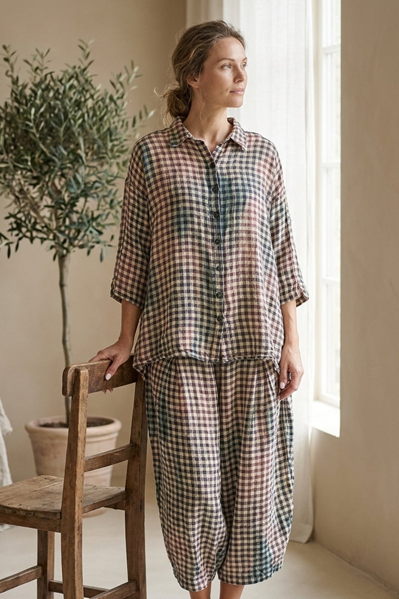Loose Watercolour Check Linen Shirt 1
