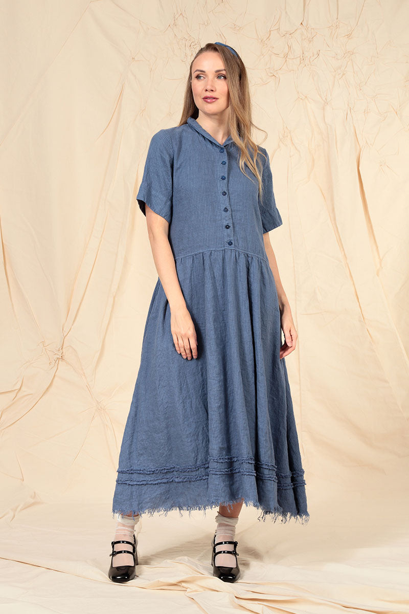 Peter Pan Collar Raw Hem Blue Nova Linen Dress 6