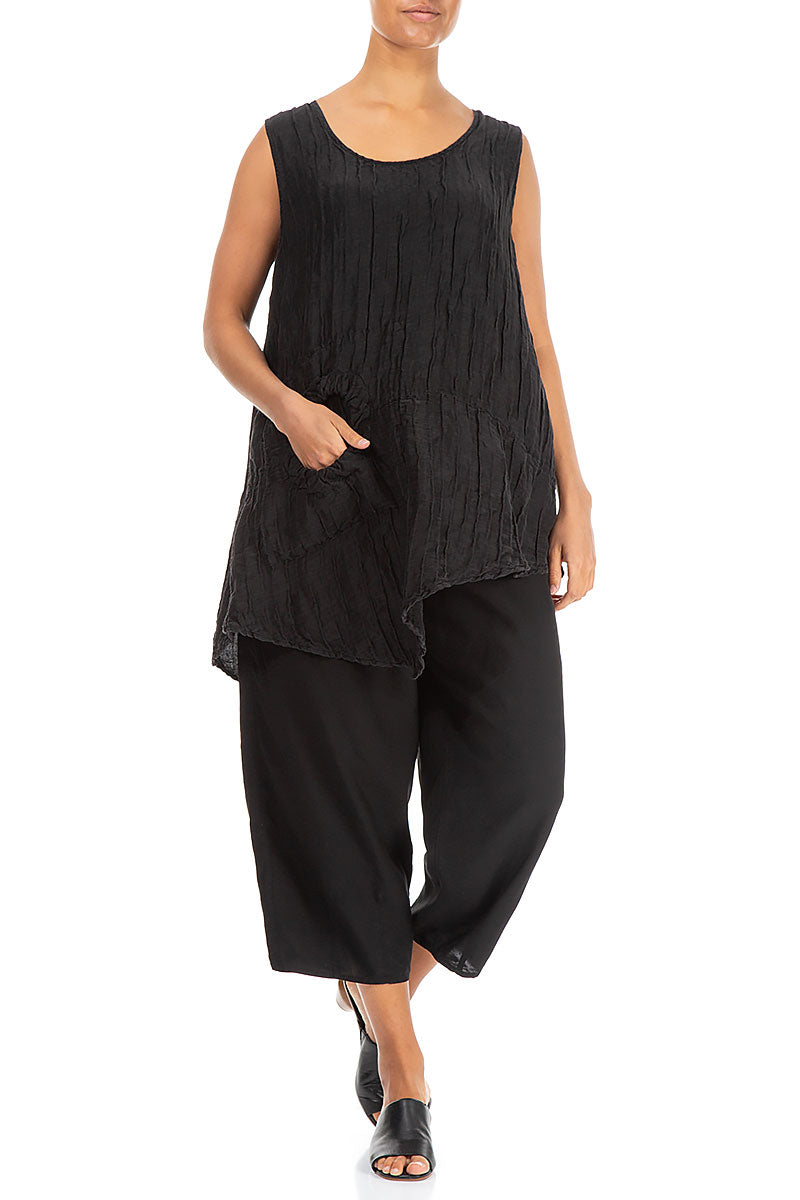 Sleeveless Crinkled Black Silk Tunic 4