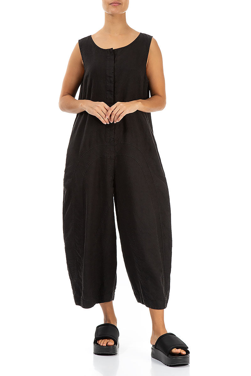 Loose Back Pockets Black Linen Jumpsuit 4