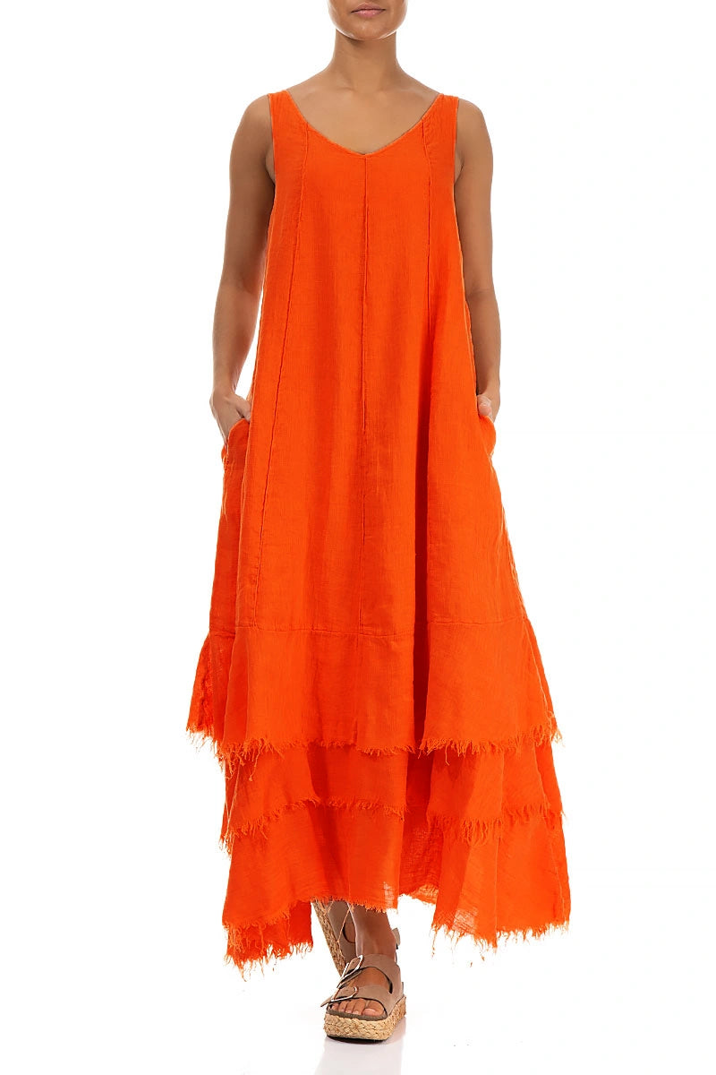 Maxi-Kleid aus Leinen und Gaze in Flammenorange