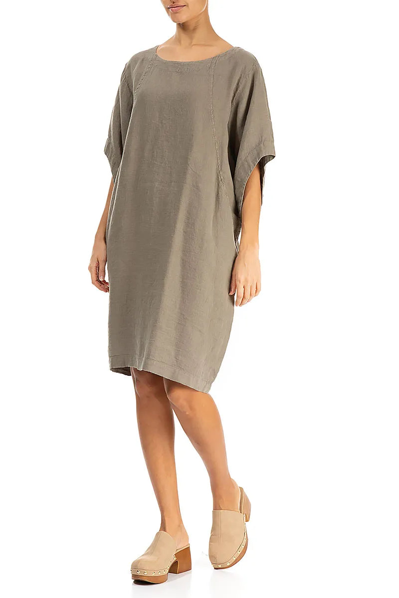 Midilangärmeliges Leinenkleid in Khaki