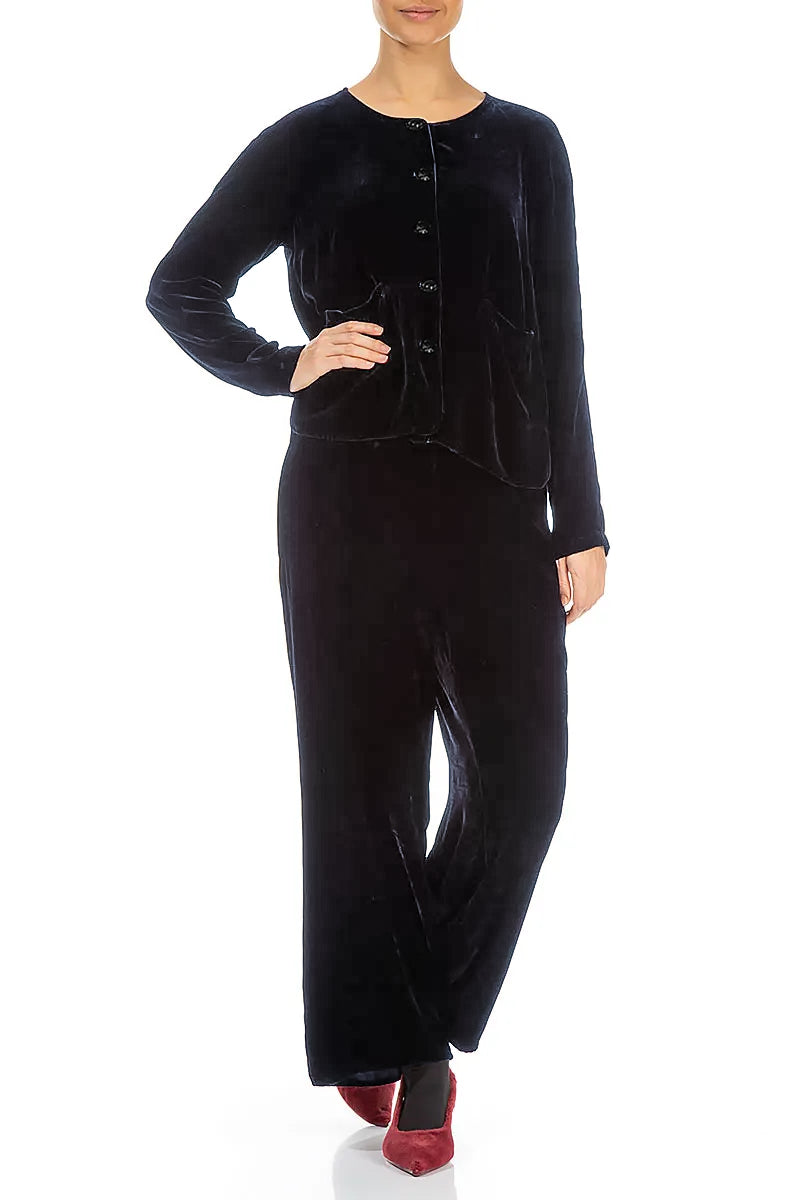 Minimal Button Slate Blue Silk Velvet Jacket 5