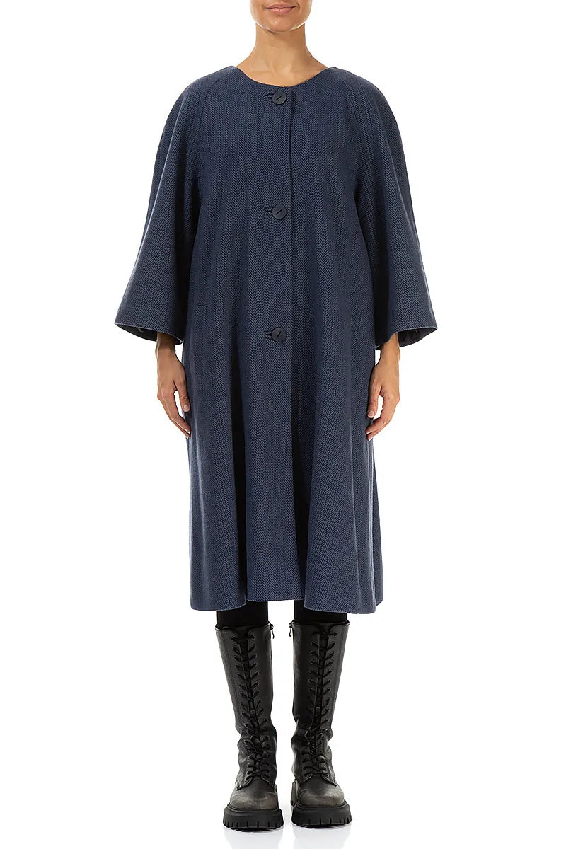 Minimalist Blue Herringbone Wool Coat