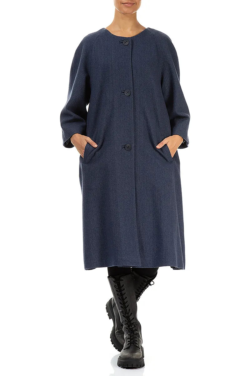 Minimalist Blue Herringbone Wool Coat