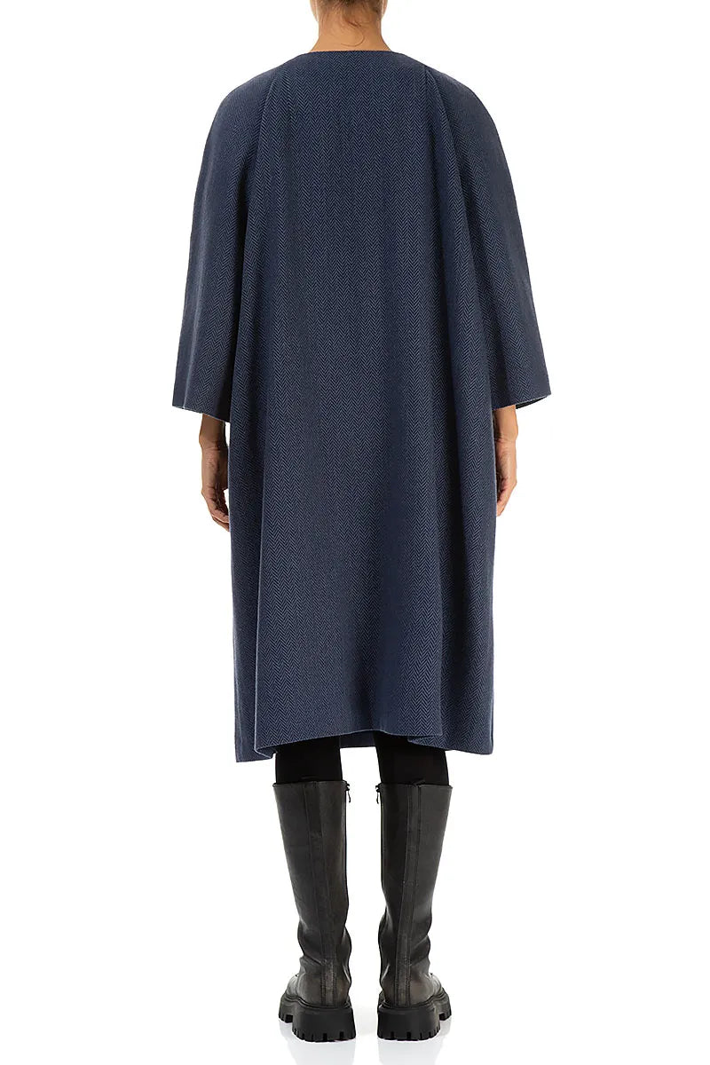 Minimalist Blue Herringbone Wool Coat