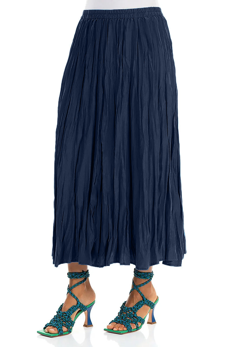 Navy Crumpled Pure Silk Skirt