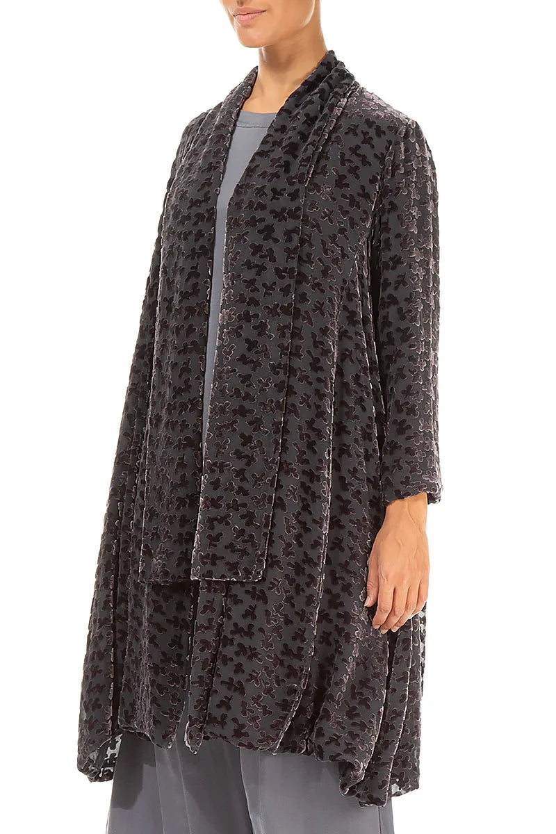 Offene Devoré-Blütenblätter Schwarze Silber Seidensamtjacke