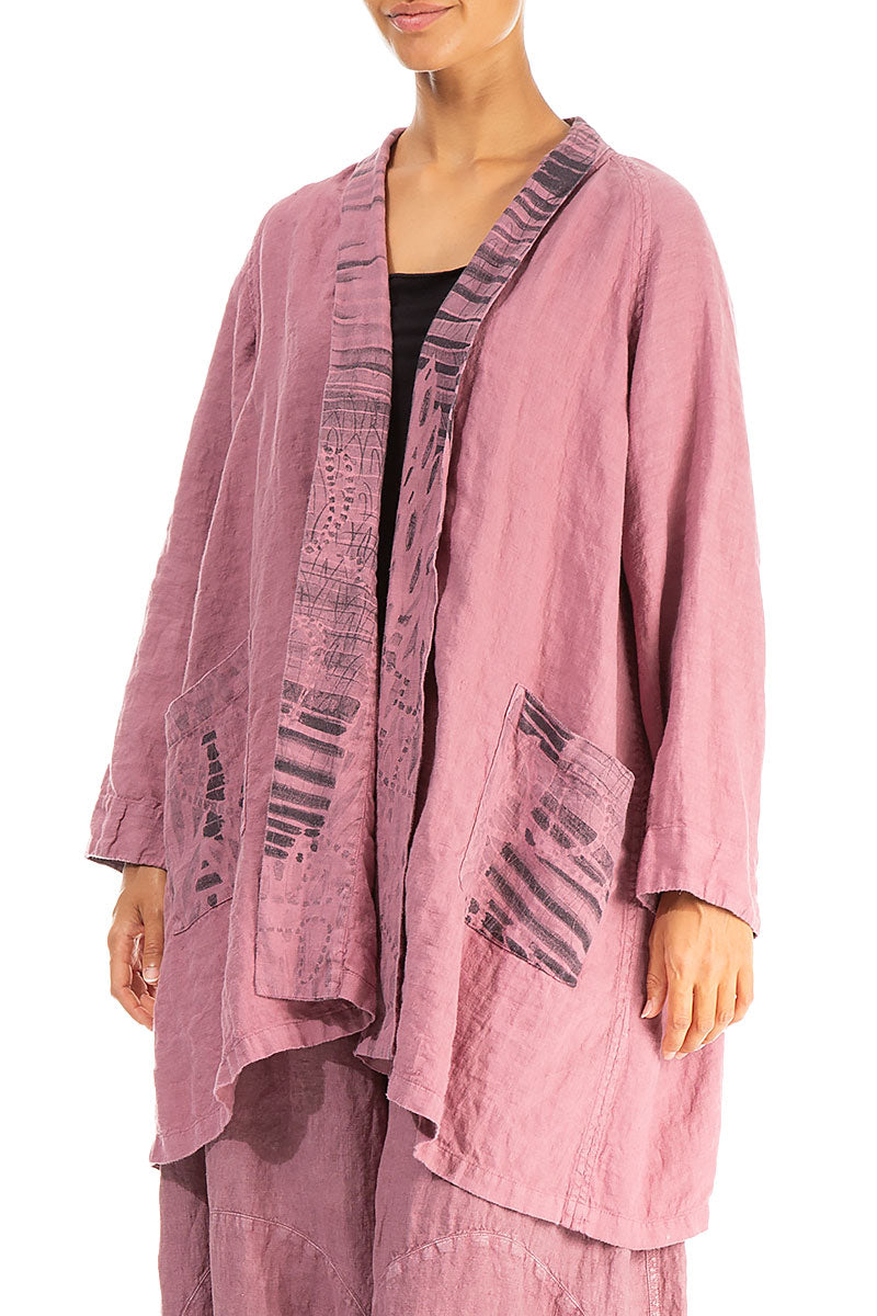 Open Printed Back Mauve Taupe Linen Jacket 3