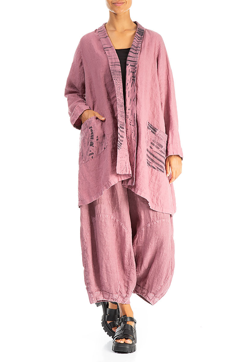 Open Printed Back Mauve Taupe Linen Jacket 4