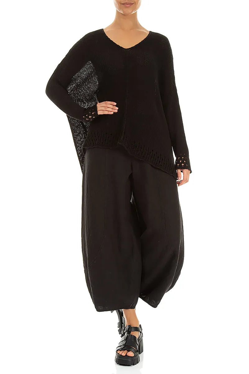 Opengewerkt zoom zwarte linnen jumpsuit