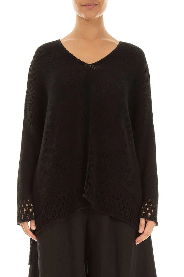 Opengewerkt zoom zwarte linnen jumpsuit