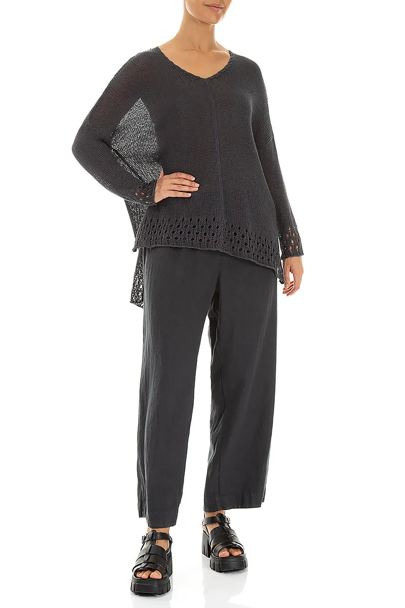 Pull en lin graphite à ourlet ajouré