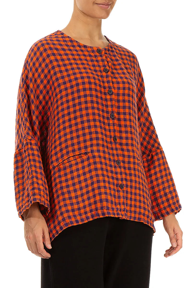 Orange karierte Leinenjackenbluse