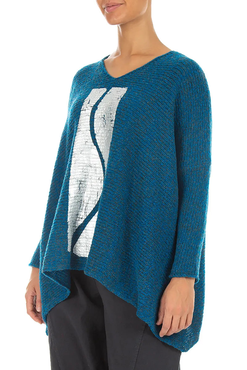 Oversized Deep Azure Silver Metallic Mélange Wool Sweater 3