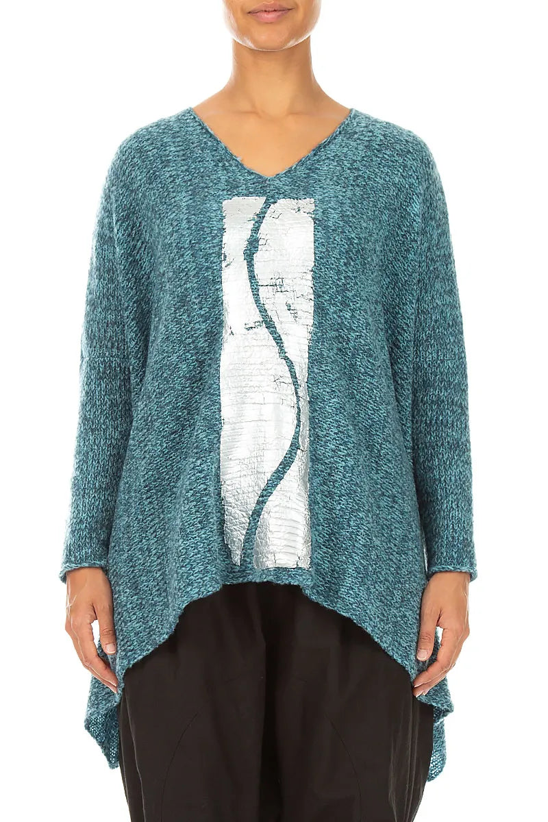 Oversized Deep Teal Silver Metallic Mélange Wool Sweater 2
