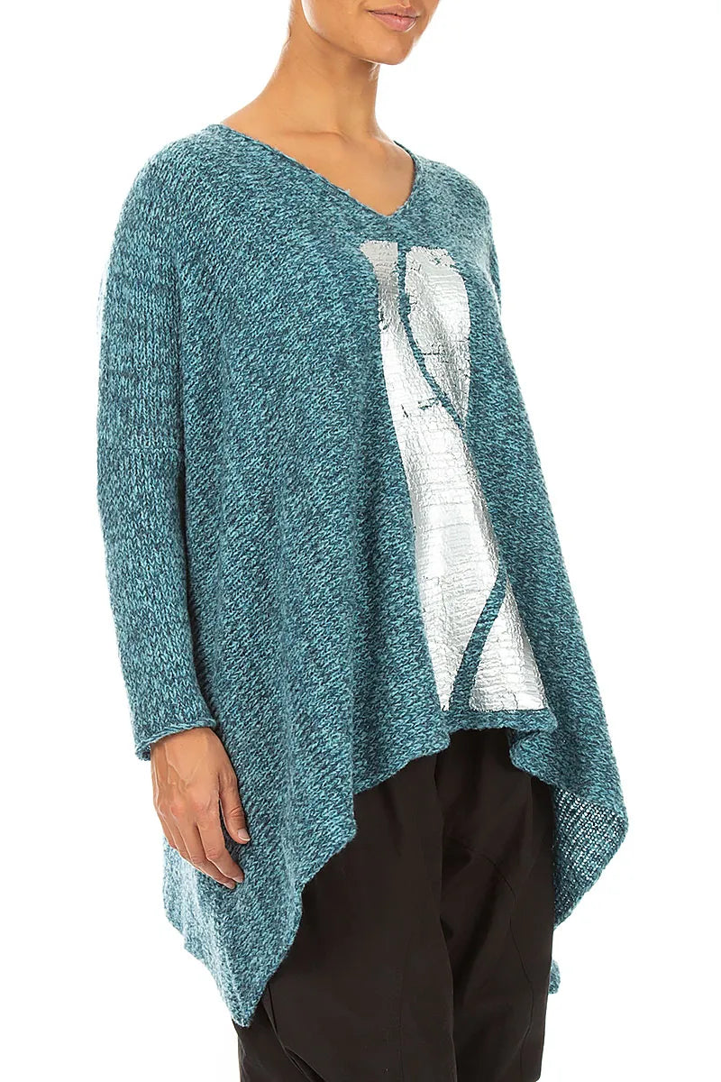 Oversized Deep Teal Silver Metallic Mélange Wool Sweater 4