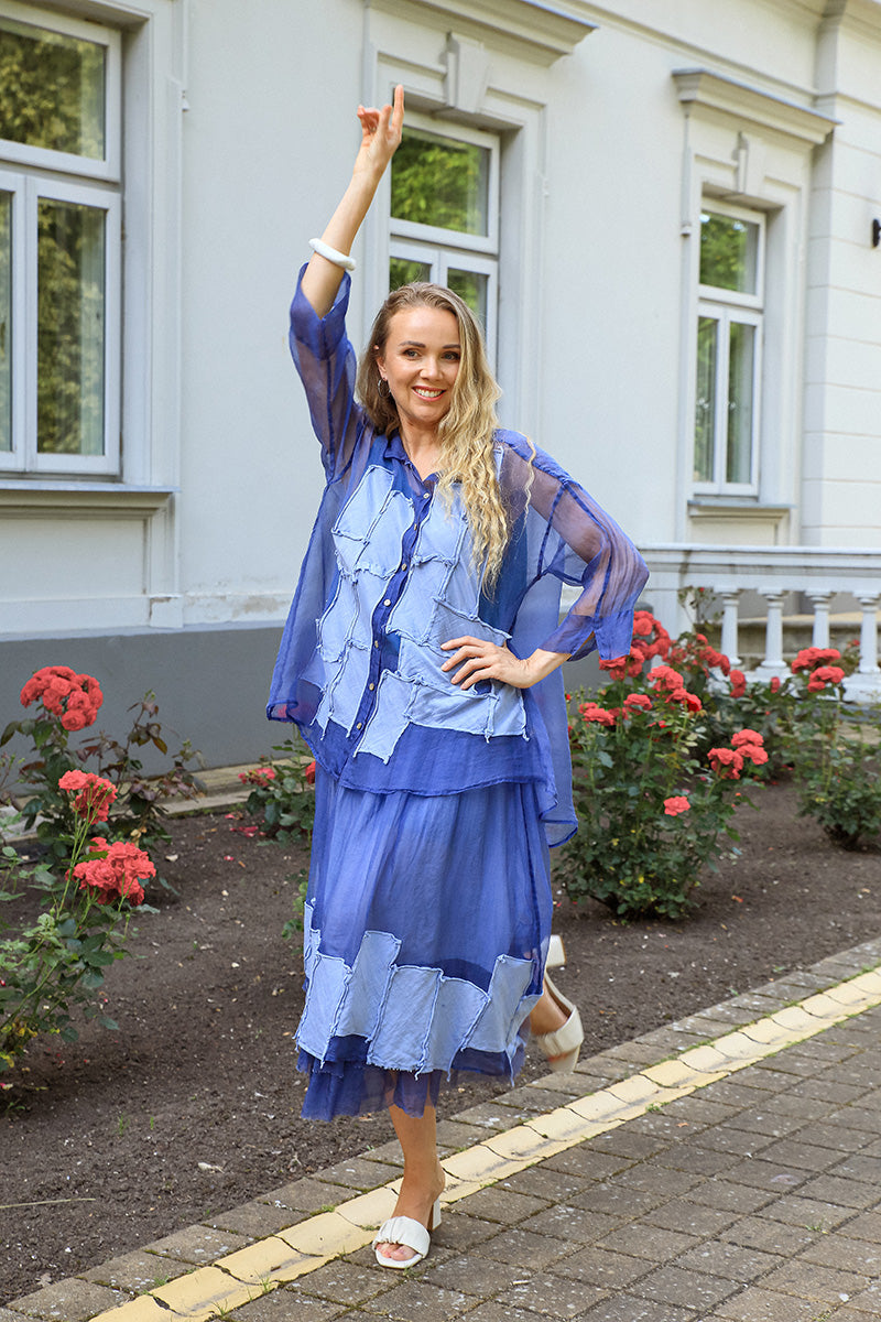 Patch Décor Blue Nova Silk Chiffon Shirt 6