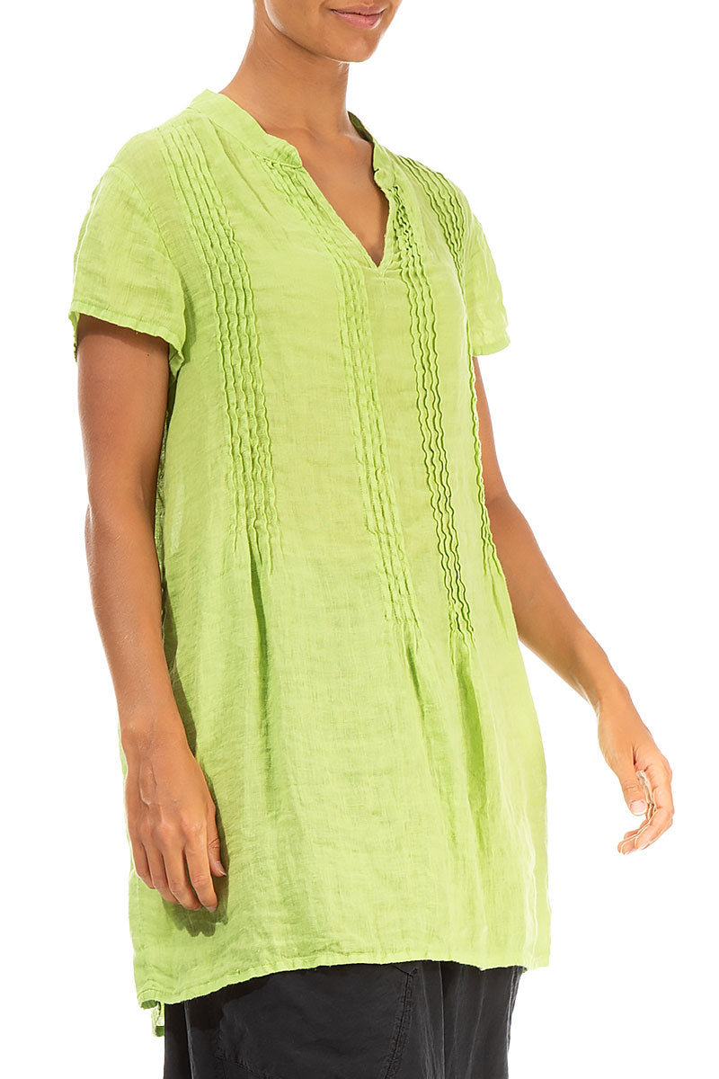 Pin-Tucked Lime Gauze Linen Tunic 3