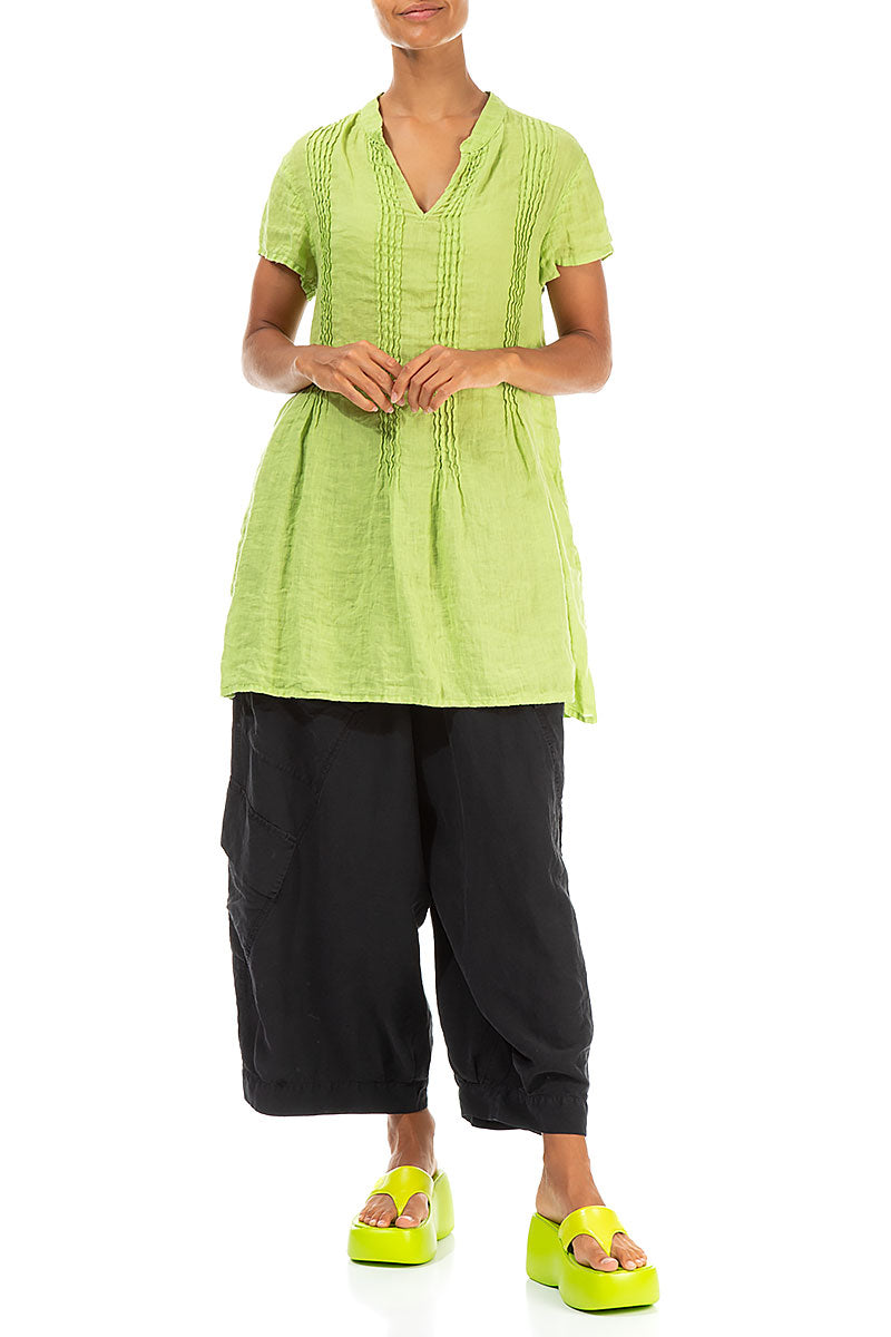 Pin-Tucked Lime Gauze Linen Tunic 4