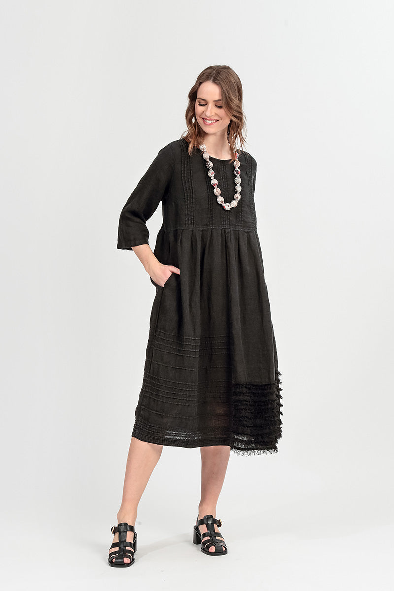 Pin Tucks Frayed Hem Black Linen Dress 1