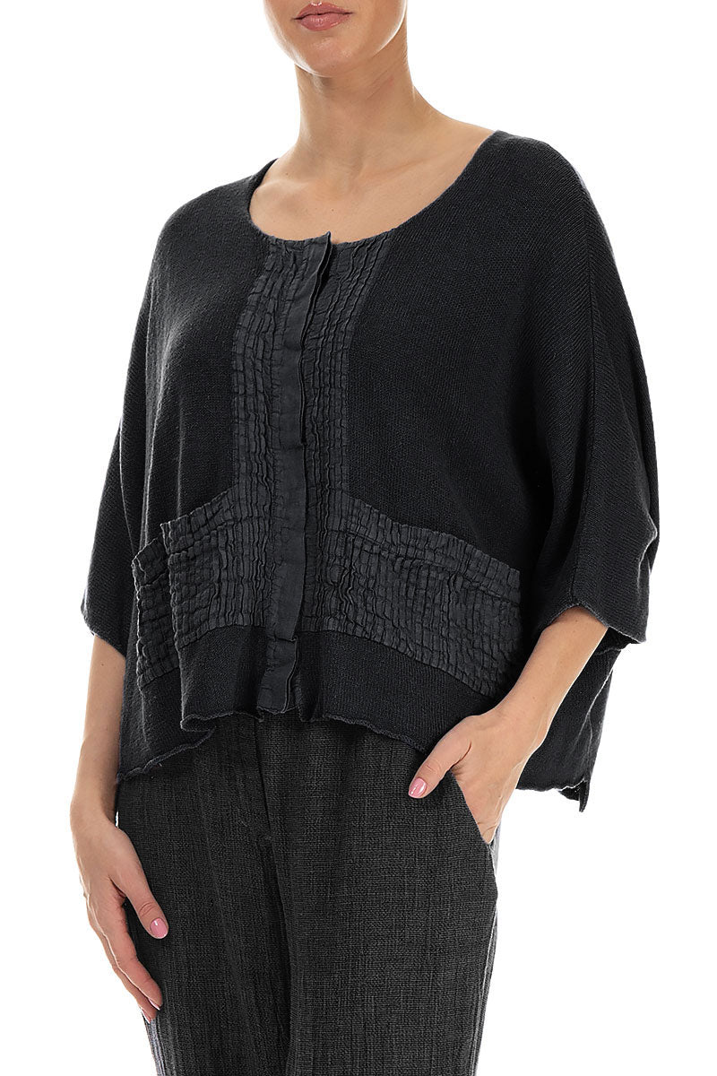 Pintuck Front Black Linen Cardigan 3